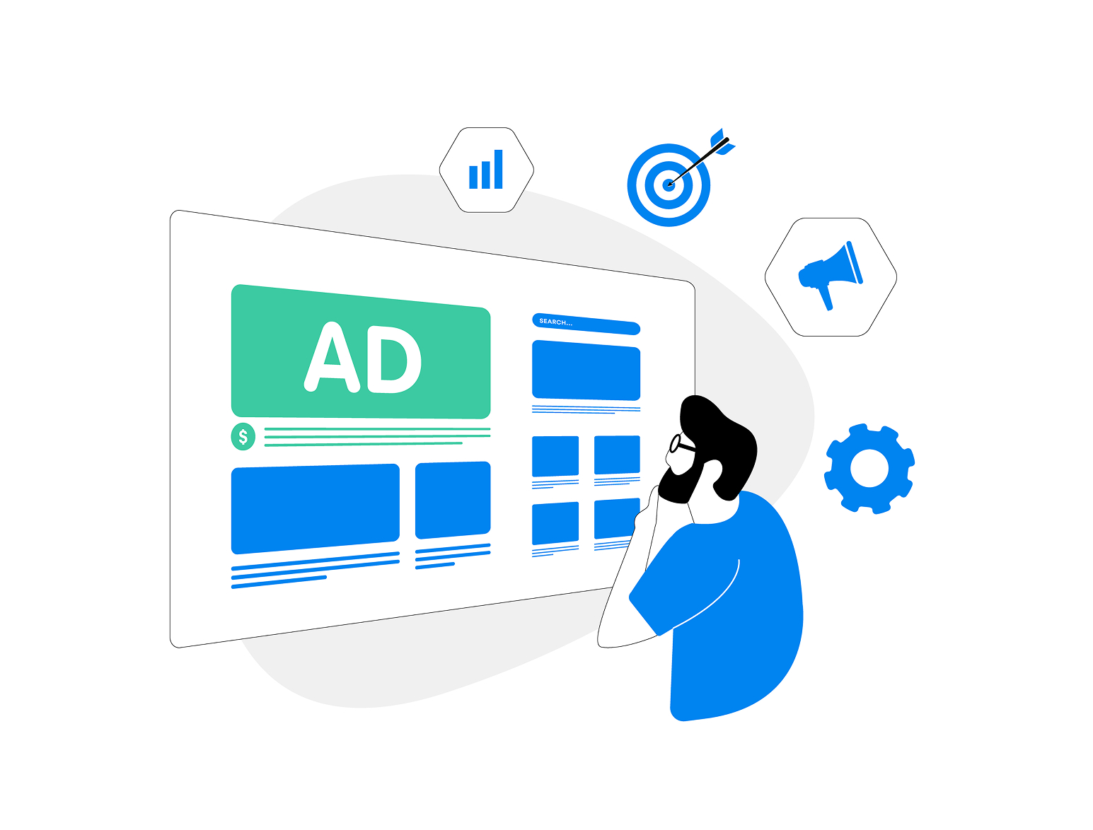 ADと表示されたPC画面を注視する男性のイラスト。Web広告の仕組みやおすすめ手法を紹介する記事用サムネイル