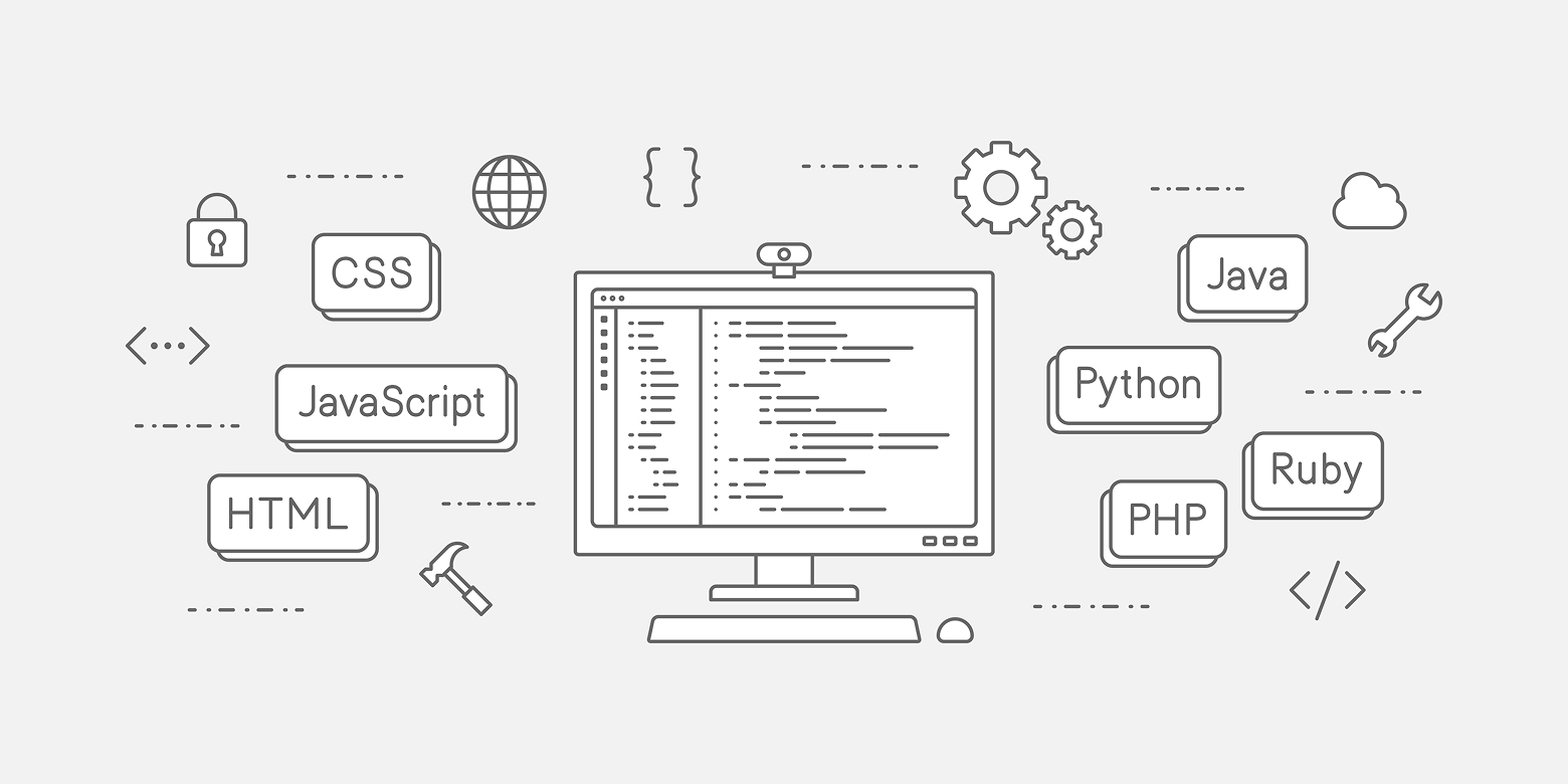Webサイト制作で重要なコーディング品質を視覚化したイラスト。PC画面にコードが表示され、HTML・CSS・JavaScriptなどの言語名が周囲に描かれている。