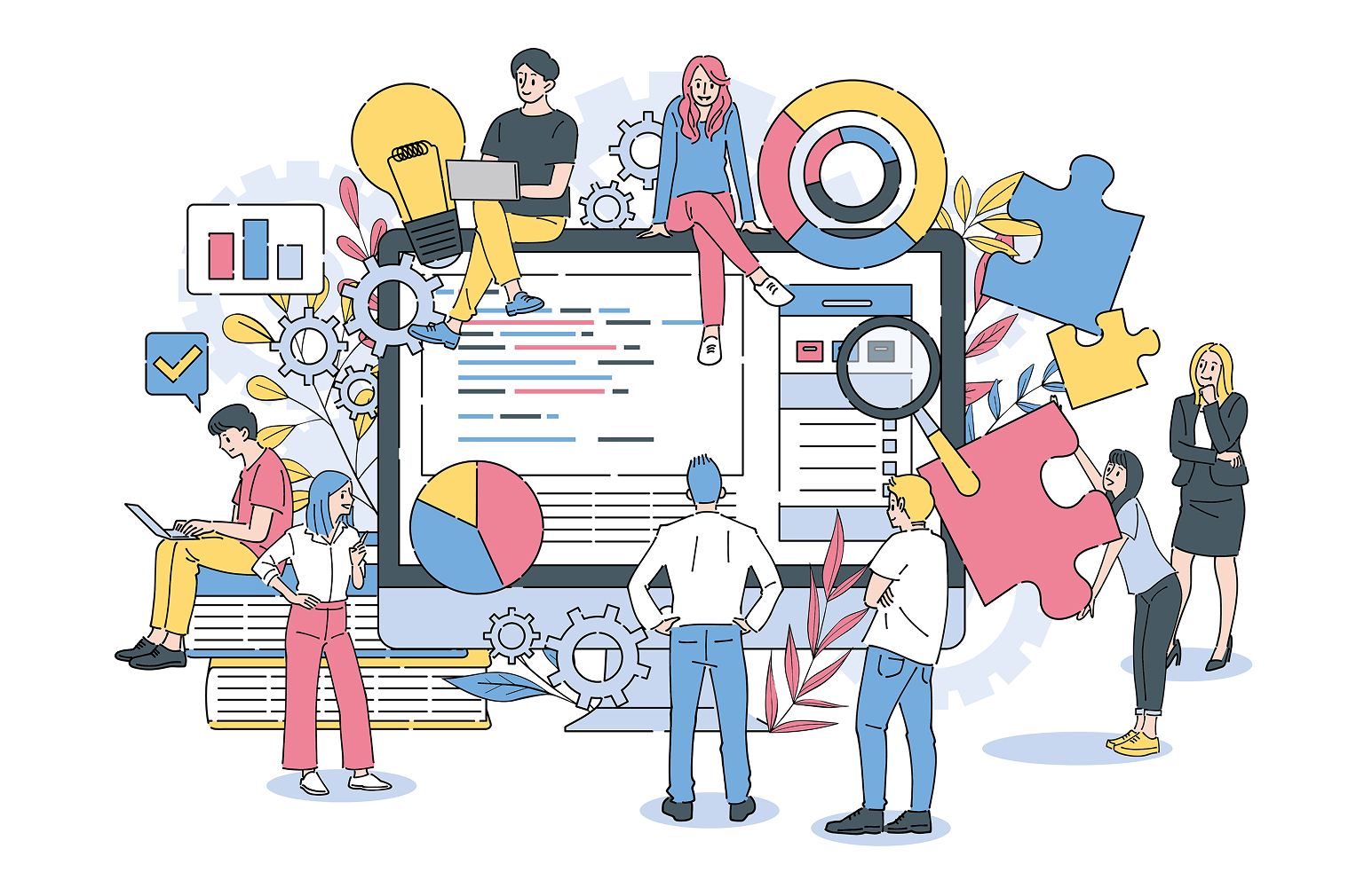 Web広告運用やサイト改善を検討するため、さまざまな職種の小人たちがPC画面のWebサイトを分析しているイラスト