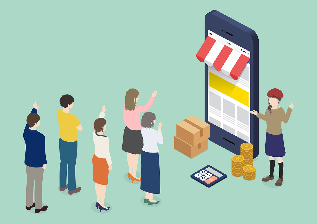 スマートフォン型の店舗にお客さんが並ぶイラスト：ECサイトで集客できるイメージ